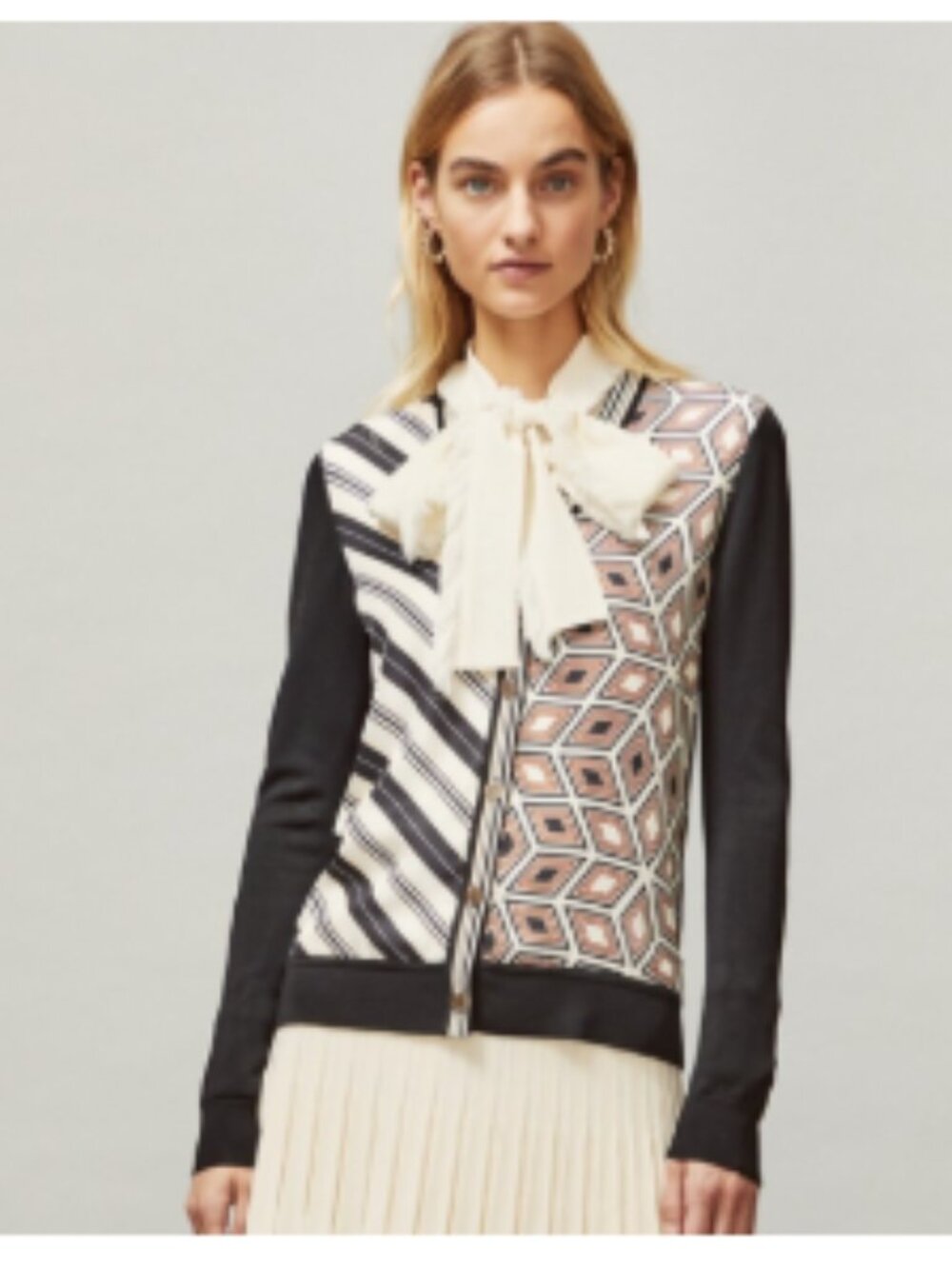 Tory Burch Silk-Front Cardigan "New Ivory Diamond Life "Size Large